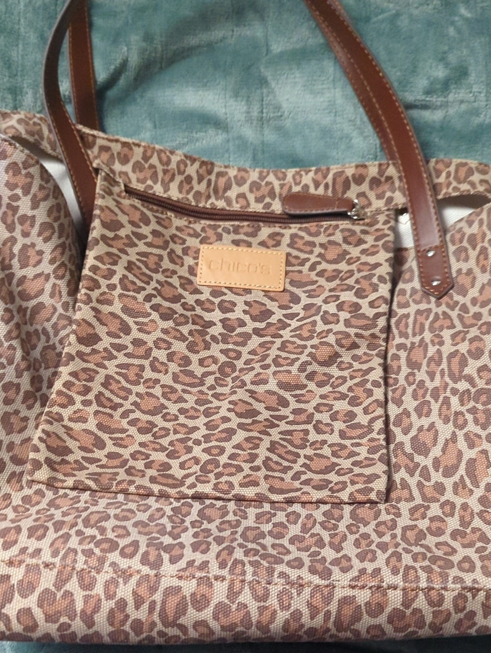 2-Chico's Leopard-Print Canvas Tote in Tan and Brown. Pre-loved.